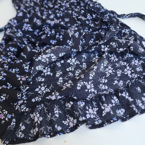 Gap Black Blue Floral Print Faux Wrap 3/4 Sleeve Ladies Dress Ruffle Petite XS - Picture 14 of 14